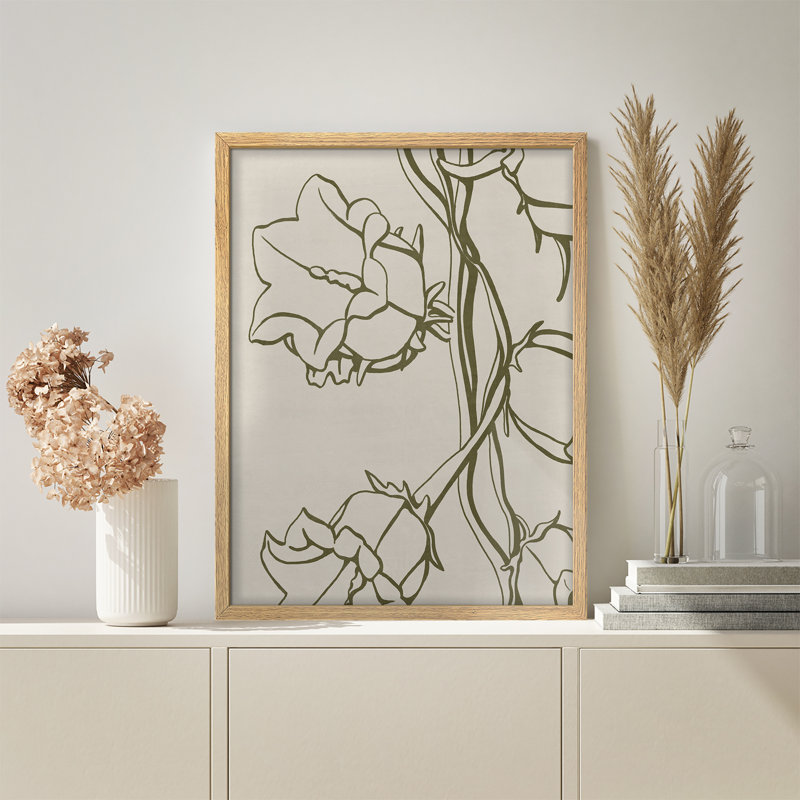 Elegant Green Abstract Flower Blossom Floral Botanical Style Illustrations Rustic Framed Poster, 14" H x 11" W, Natural