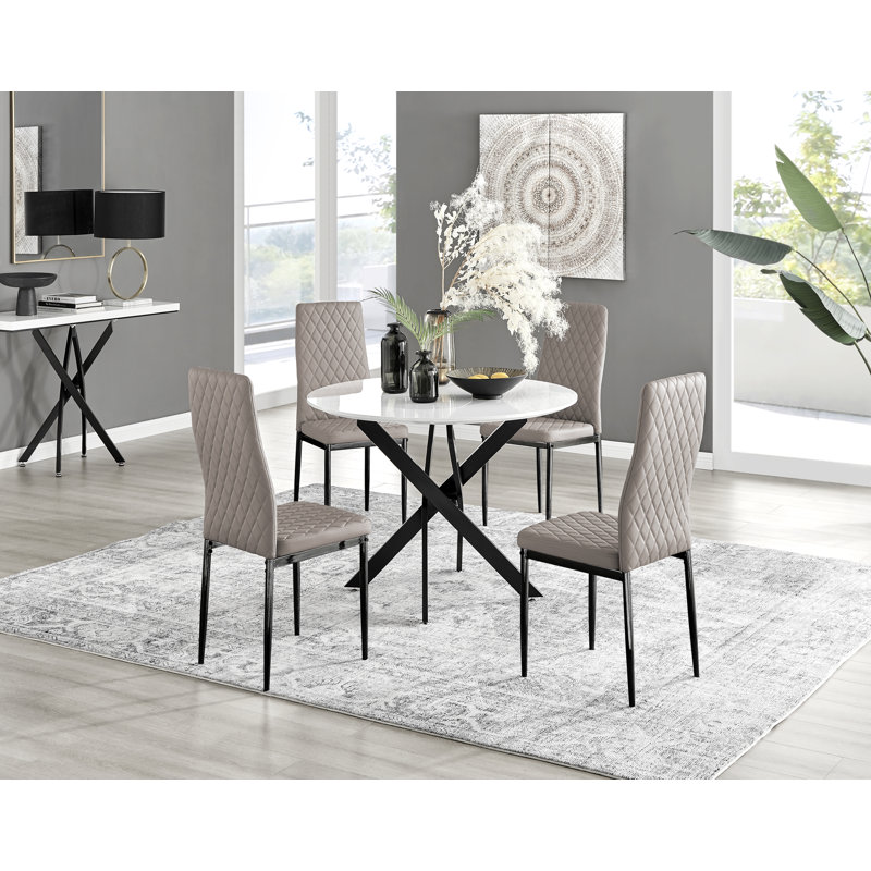 Tierra Sleek White Gloss Round Dining Table Set with 4 Faux Leather Upholstered Dining Chair, Beige/Black