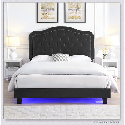 Upholstered Bed Button Tufted With Curve Design - Strong Wood Slat Support - Easy Assembly - Velvet - With LED Light-Platform Bed - Queen by Wrought Studio