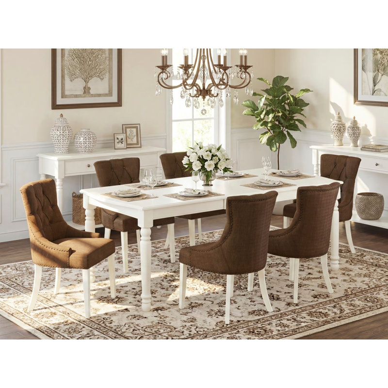 7 Piece Dining Room Table Set Consist of a Rectangle Kitchen Table with Butterfly Leaf and 6 Brown Linen Linen Fabric Parsons Chairs, 42x78 Inch, Linen White