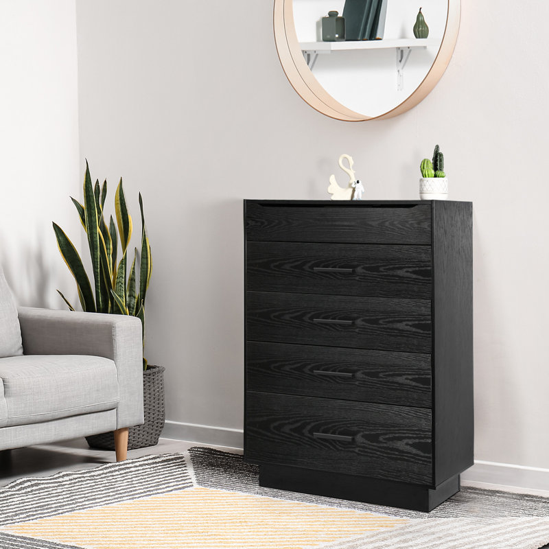Commode 4 tiroirs avec miroir, armoire de rangement en bois noir, commode moderne, Noir