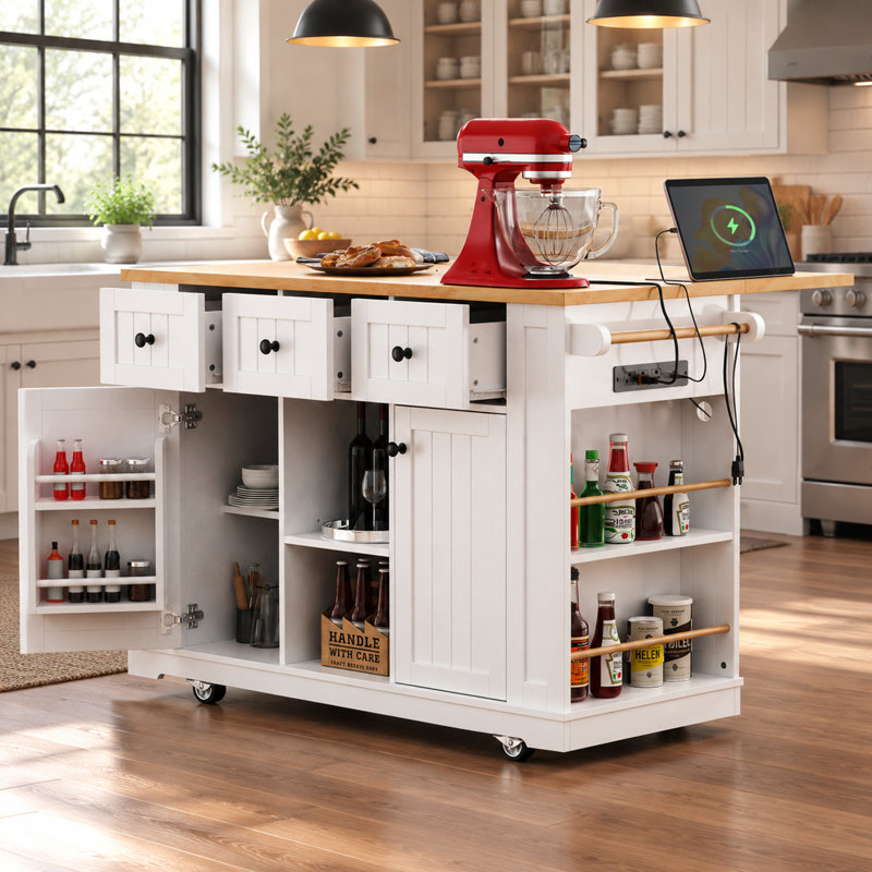 Îlot de cuisine de 135 cm avec plateau rabattable, prise électrique et rangement, Blanc