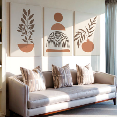 3 pièces d'art mural botanique et géométrique minimaliste dans des tons de terre, trois pièces d'art mural pour le salon, la chambre à coucher, le bureau et la maison