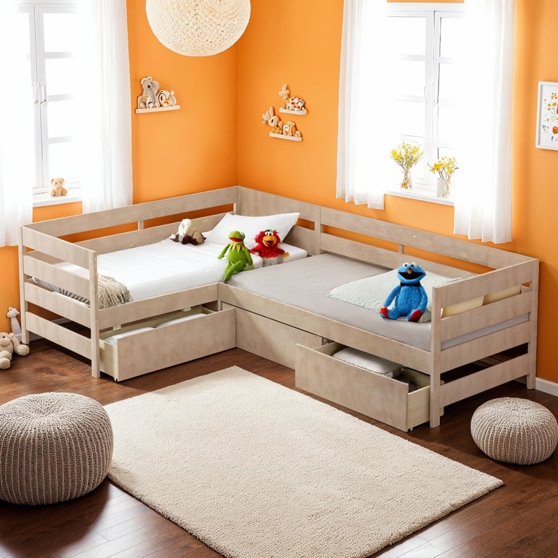 Lit plateforme simple en forme de L avec 3 tiroirs de rangement, aucun sommier nécessaire, Brun