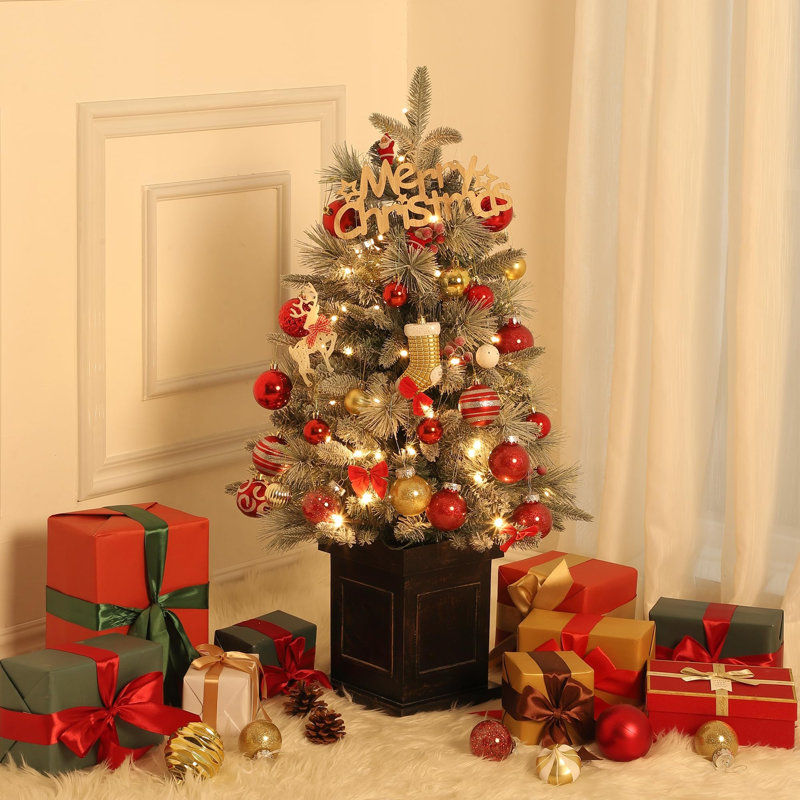 Arbre de Noël artificiel illuminé 3 pi avec boîte à lumière et mini arbre de Noël enneigé