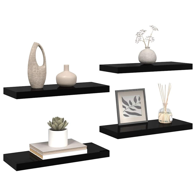 Wall Shelf  Wall Mounted Display Shelf for Photo Frame Set of 4, 1.5" H x 23.6" W x 9.3" D, High Gloss Black