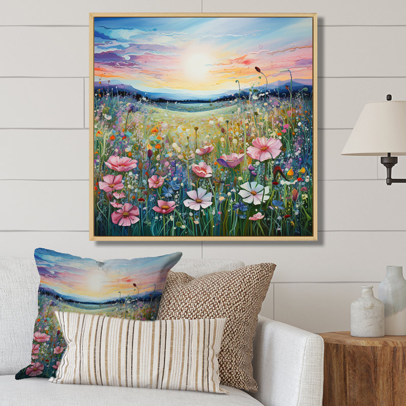 Fleurs roses dans un paysage de vallée sur toile, H 24 po x l 24 po x P 1 po, Cadre naturel flottant