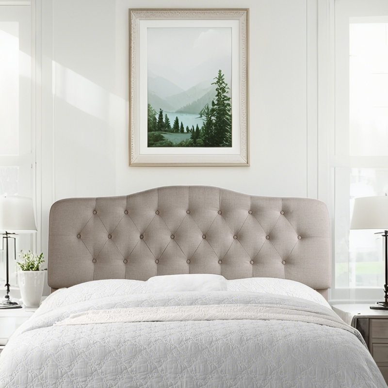 Tête de lit à hauteur réglable avec revêtement en lin et capitonnage pour la chambre à coucher, Beige, Grand lit