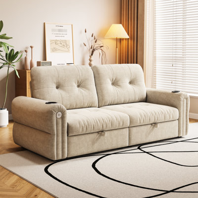 Lit convertible multifonctionnel 2 en 1 de 77 pouces, convenant à une chambre à coucher, un salon, un appartement et un dortoir, flanelle avec mousse, structure en acier, 600 livres, facile à convertir, beige, style minimaliste
