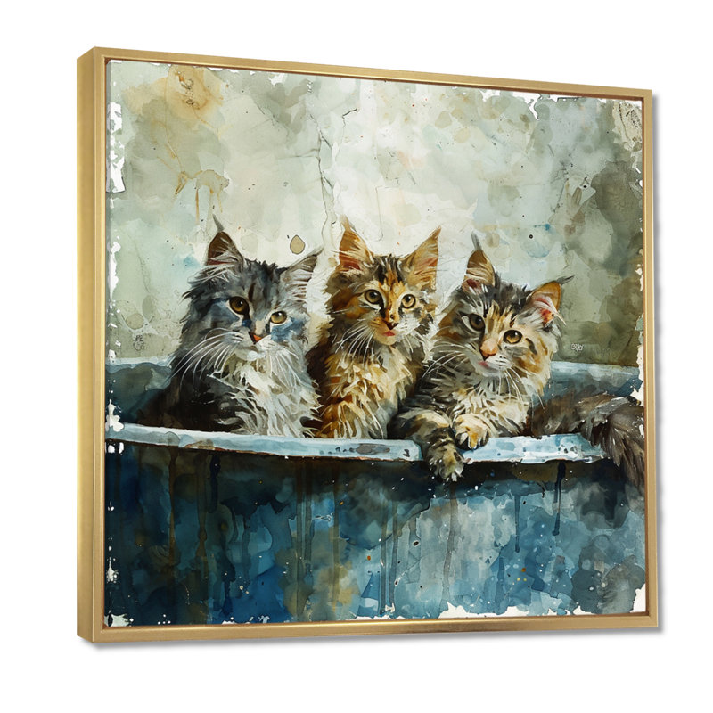 Trois chats mignons dans une baignoire - décoration murale pour salle de bain chat, Toile avec cadre doré