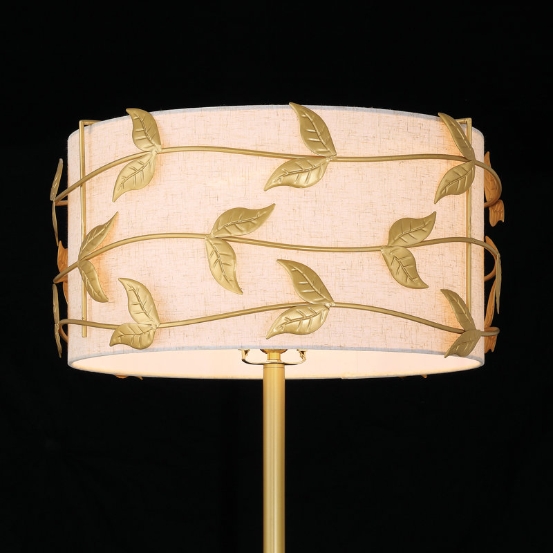 Lampe sur pied moderne 59,8 po avec abat-jour en tissu à motif de feuilles, Doré