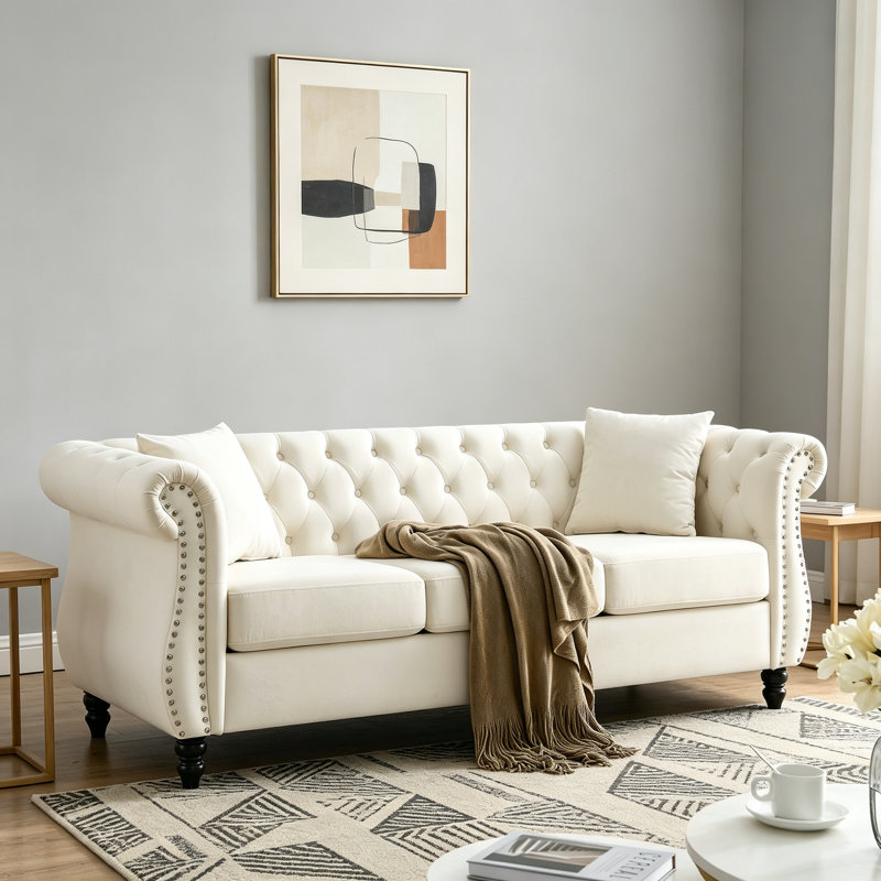 Canapé moderne en velours Chesterfield, H 30,05 po x l 80,05 po x P 29,05 po, Beige