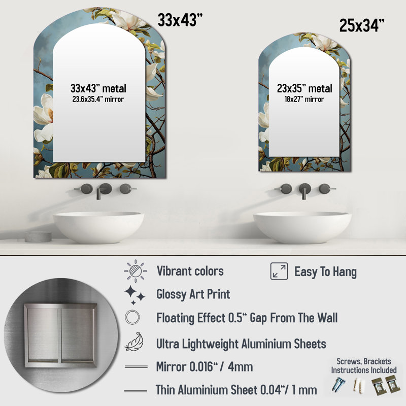 Blanc blanc jaune Magnolias Magnolia Harmony - grand miroir en arc Magnolias, décor de miroir mural asymétrique traditionnel, art en métal imprimé