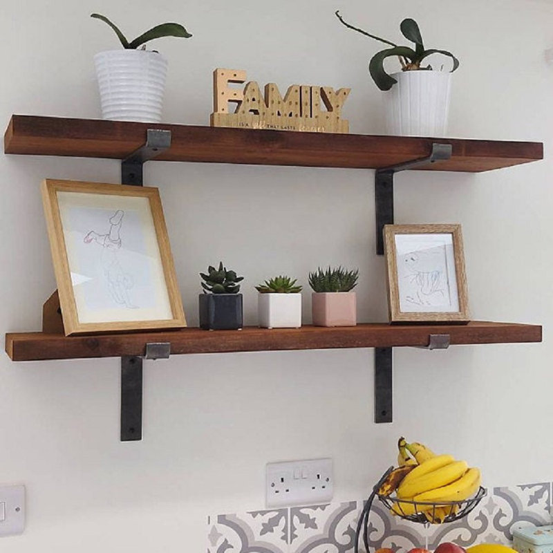 Lemieux Handcrafted Rustic Wooden Wall-Mounted Floating Shelves with Black L Brackets, 4cm H x 90cm W x 22cm D