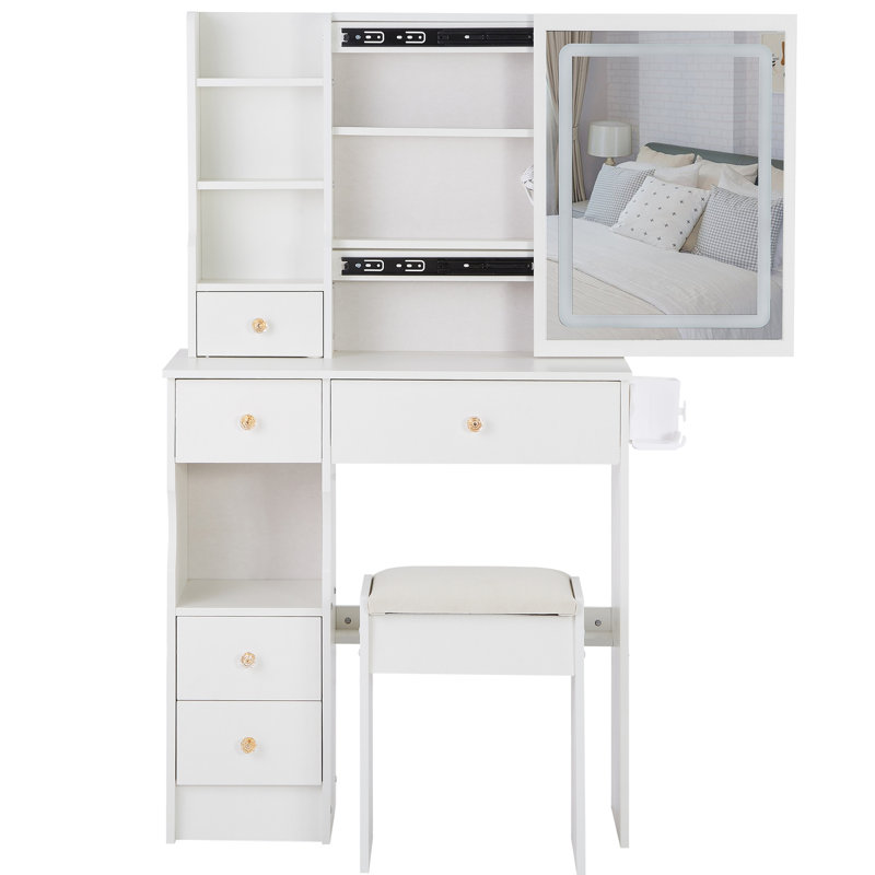 29.2" Desktop Vanity And Cushioned Stool , 2 Ac+2 Power Station, Hair Dryer Stand, Large Touch - Controlled Sliding Led Mirror With Adjustable Colors Brightness, Suitable For Little Left Drawer