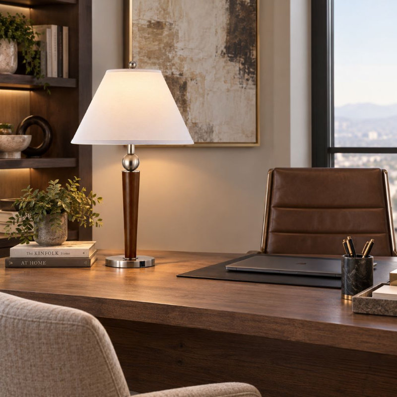 Lampe de bureau en métal 60 W x 2, 74 cm (H), acier brossé espresso, abat-jour en tissu blanc, 1 prise