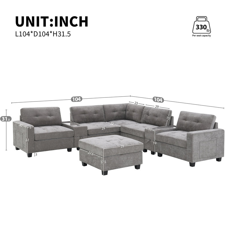 Canapé modulaire de 104 po avec deux consoles, recharge sans fil, plateau de table en acrylique et repose-pieds mobile