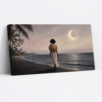Woman with Large Hat Walking on Moonlit Beach Canvas Wall Art