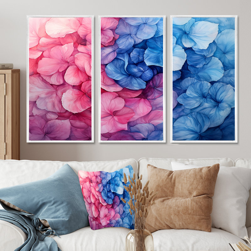 Hortensia coloré tourbillon II - art mural hortensia - ensemble de 3, H 28 po x l 36 po, Blanc
