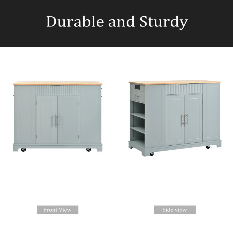 Fluted Kitchen Island With Trash Can Storage Cabinet, Power Outlet, Internal Storage Rack, Rolling Kitchen Islands On 5 Wheels With 3 Drawer, 3 Open Side Racks For 10 Gallon Garbage Bin