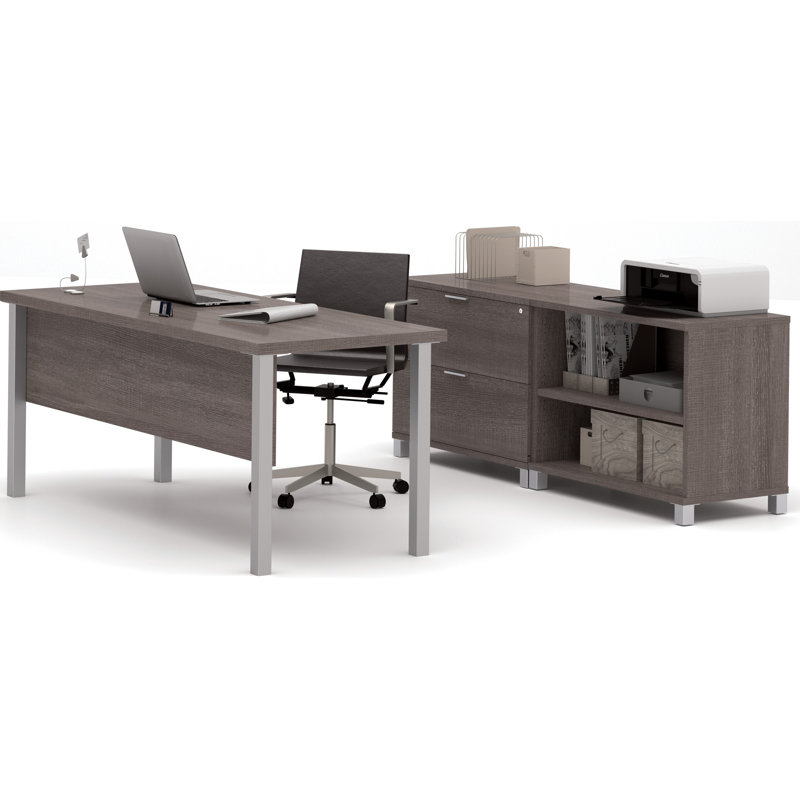Oriano Office Set with Metal Legs, Bark Gray, 2-Piece (1 Desk, 1 Credenza)