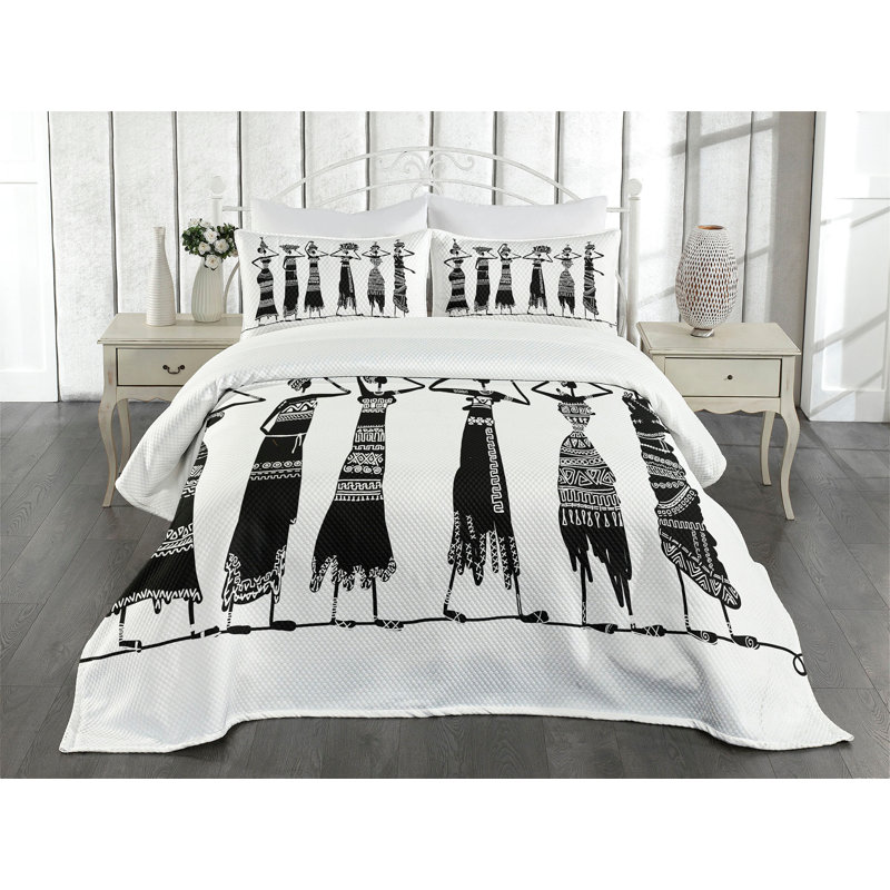 Twin White Quilted Bedspread Set with African Women Design