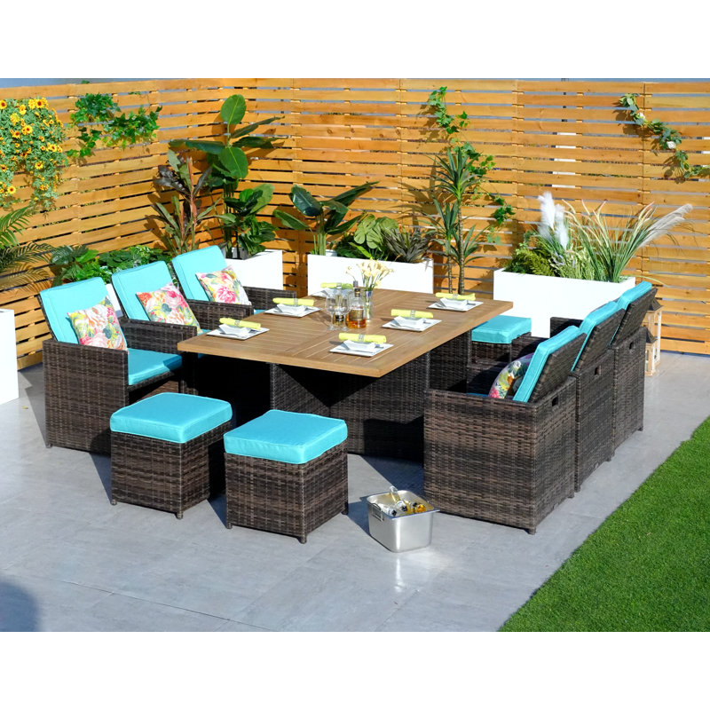 6 - Person Wicker Patio Dining Set with Rectangular Table , Cushions Included, Cyan, Brown