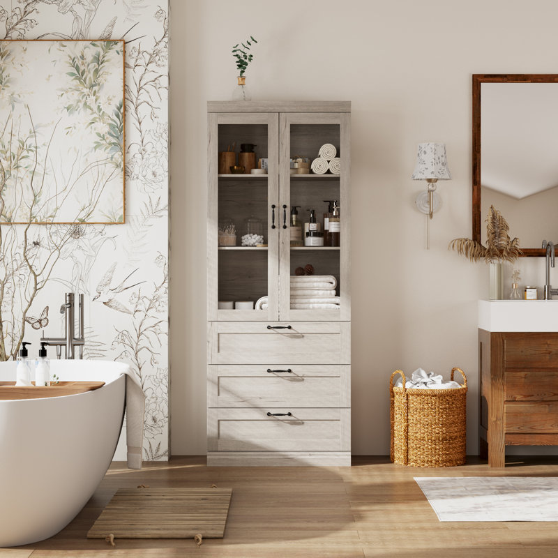 Bathroom Storage Cabinet With Tempered Glass Doors, Farmhouse Style For Bathroom Organization