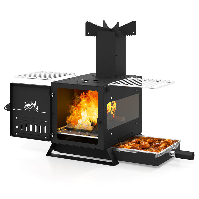 Wood Burning Stove with Heat Resistant Glass Window, Grill Net,, Stainless Steel