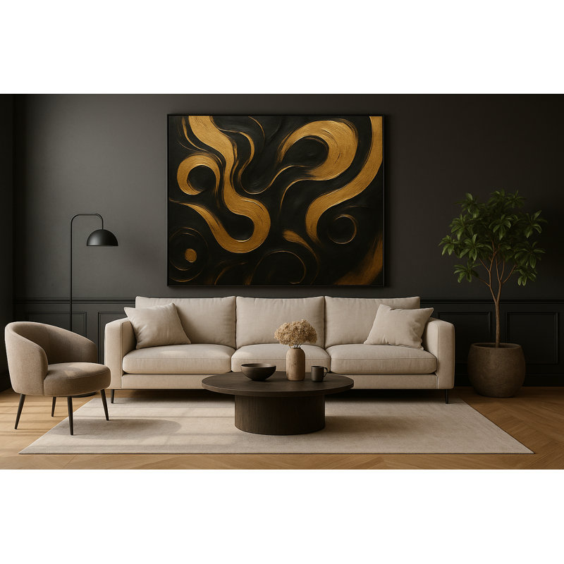Gilded Currents Framed Canvas Wall Art by Kasian Art Studio - Black Frame
