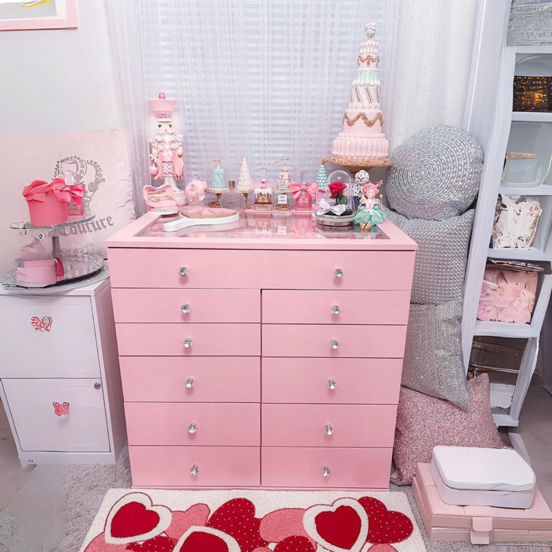 SlayStation Display Chest with 11 Makeup Drawer Unit, Craft Storage Organization for Bedroom, Pink