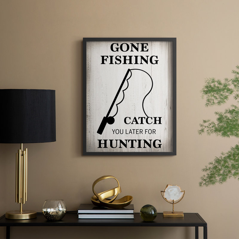 «Gone Fishing», reproduction encadrée - bois massif, H 15 po x l 12 po, Noir, noir, noir, noir