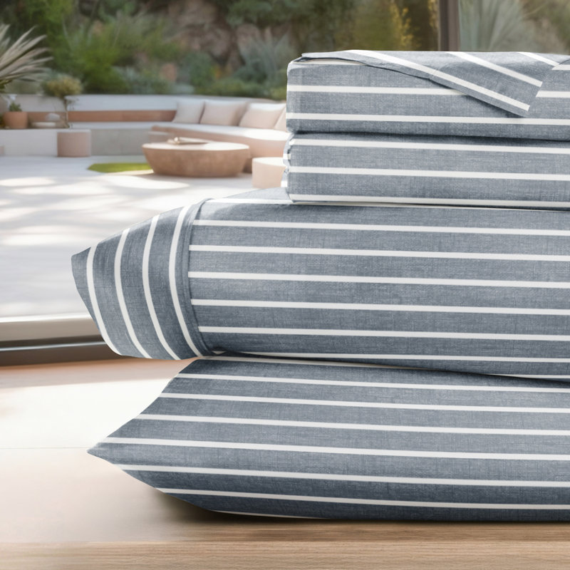 4 Piece Delicate Details Pattern Sheet Set, Cal.King Sheet Set with 2 King Pillowcase, Stone Striped