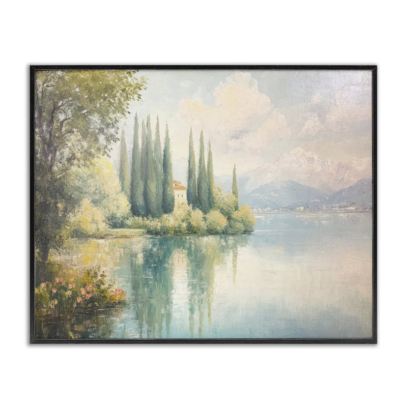 «Lakeside Mansion View», estampe numérique par Petal Prints Design, H 11 po x l 14 po, Giclée encadrée noir minuit
