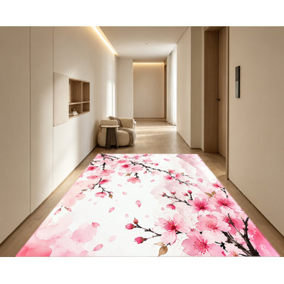 Tapis artistique aquarelle à motifs floraux roses et fleurs de cerisier, lavable à la machine et antidérapant, idéal pour décorer votre intérieur : salon, chambre, appartement, entrée, cuisine ou balcon.