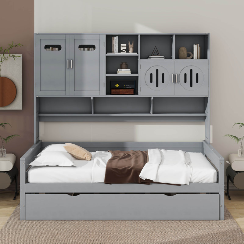 Twin Size Storage Wood Daybed With Twin Trundle, Built-In Shelves And All-In-One Cabinet, Grey