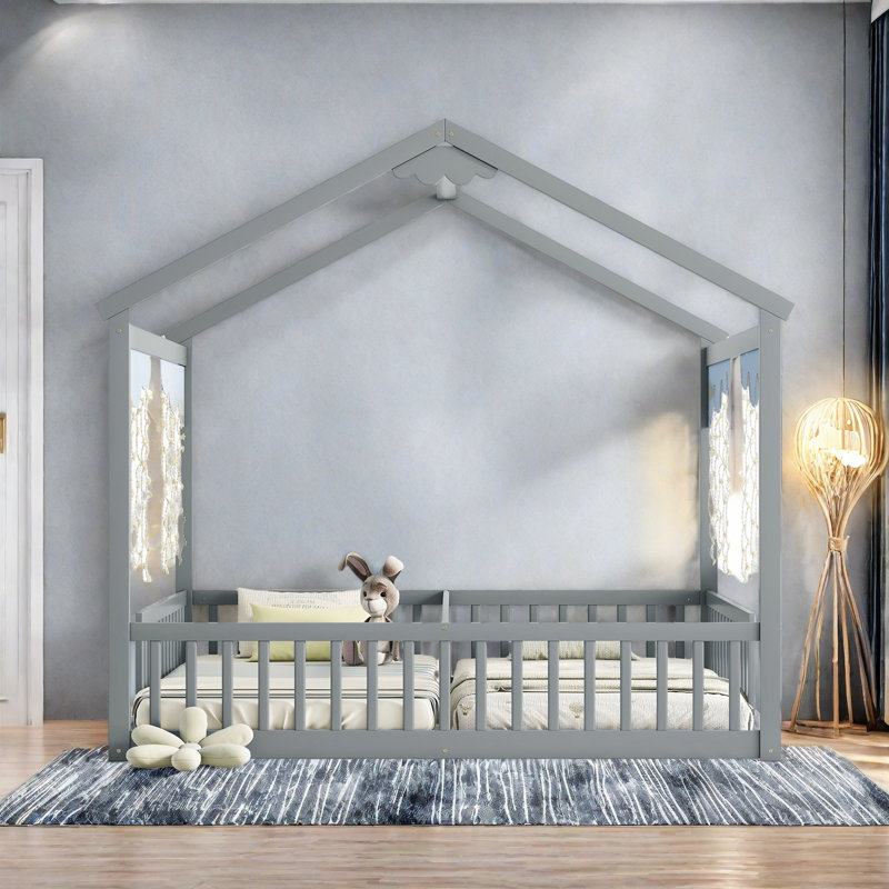 Lit double simple de style maison avec clôture, garde-corps et sans porte, Gris