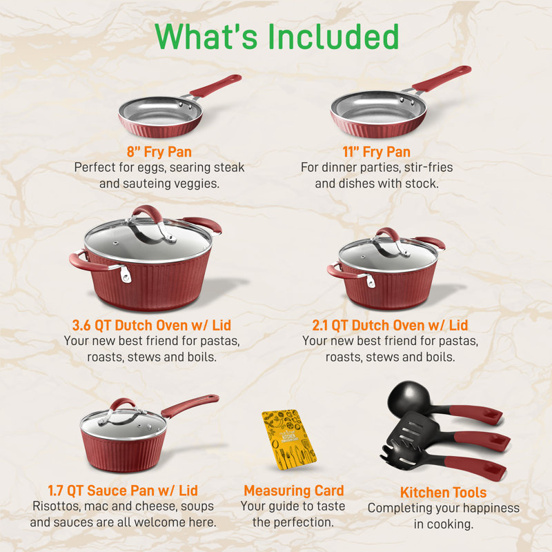 NutriChef 11-Piece Red and Gray Non-Stick Aluminum Cookware Set