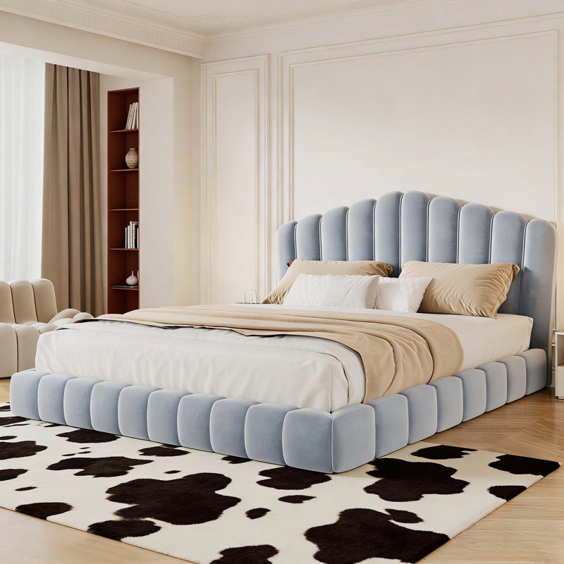 Tête de lit tapissier en velours pour lit de grand lit, sans sommier tapissier, bleu clair, Bleu clair