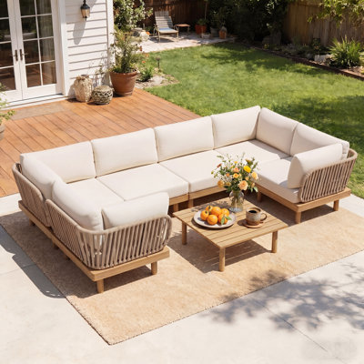 Ensemble de canapé modulaire d'extérieur en bois d'acacia 7 pièces avec dossier en corde et coussins résistants aux intempéries