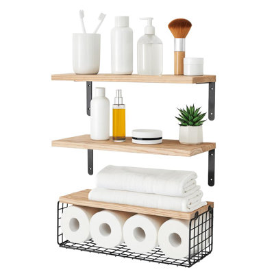 Harbour Housewares Floating Shelves with Wire Storage Basket