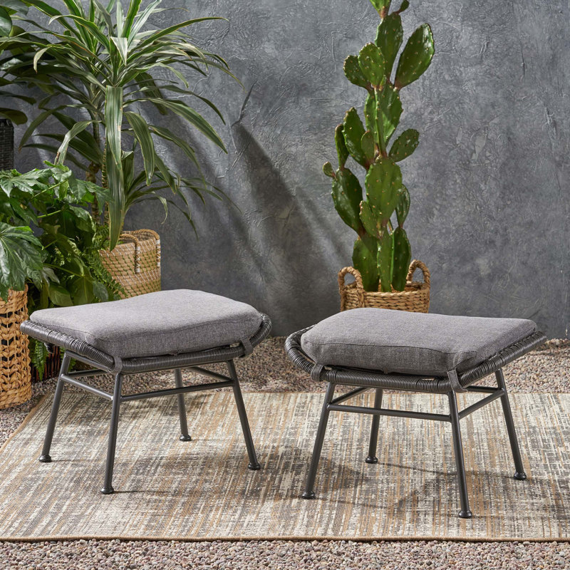 Montana Faux Rattan Outdoor Patio Ottoman with Cushion (Set of 2)
