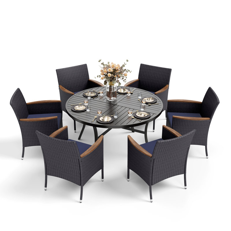 Sutiya 6 - Person Steel Patio Dining Set Umbrella Hole Included Round Table with Cushions Included