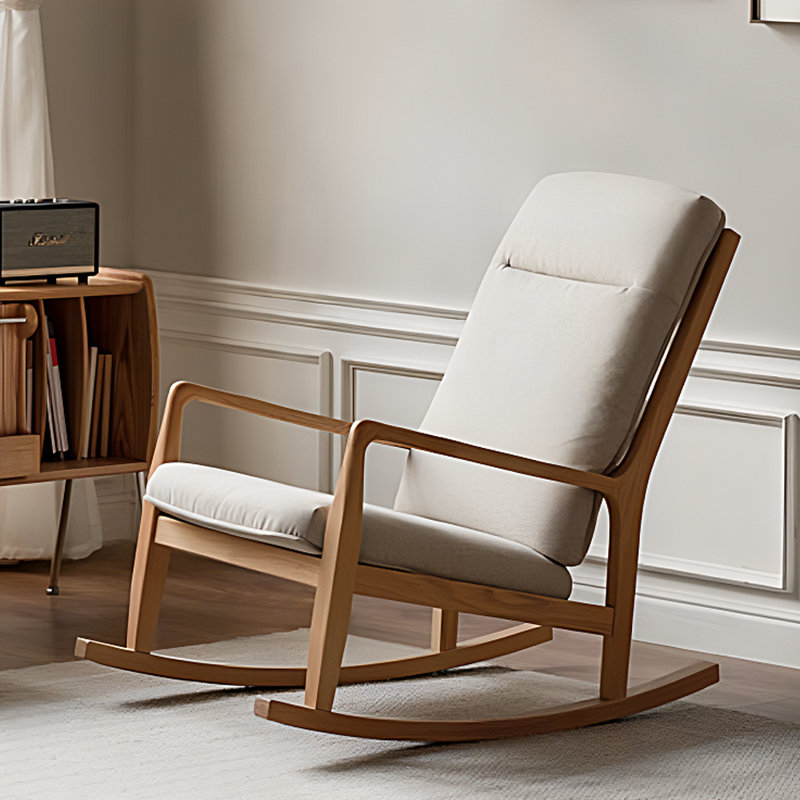 Chaise berçante en bois massif Modern Modern, Brun orangé, Blanc cassé