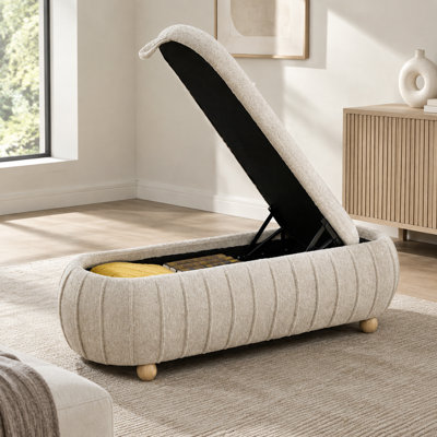 Banc d'appoint capitonné avec couvercle rabattable et rangement, pouf repose-pieds en chenille de 141,5 cm de large avec pieds en bois d'hévéa, idéal pour la chambre, l'entrée ou une chambre d'étudiant, couleur camel clair.