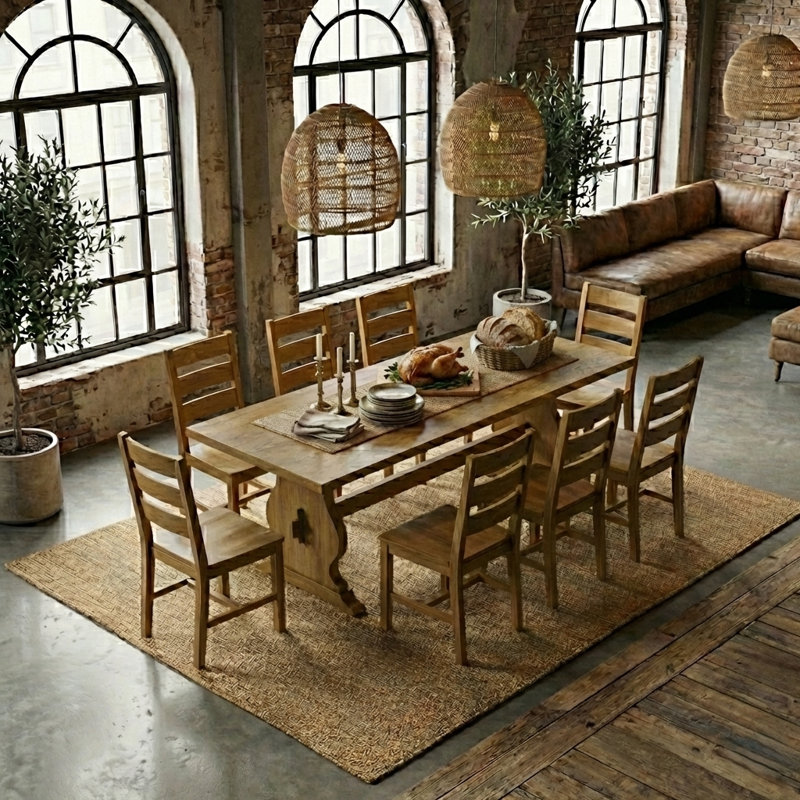 Almeda Traditional 70.8" Rectangular Dining Table Set, 9 Pieces: Table, 8 Chairs, Light Yellow Wood