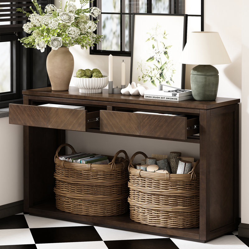 55" Console Table, Rustic Wooden Entryway Table With Storage Drawers And Open Shelf, Elegant Sofa Table For Hallway And Living Room