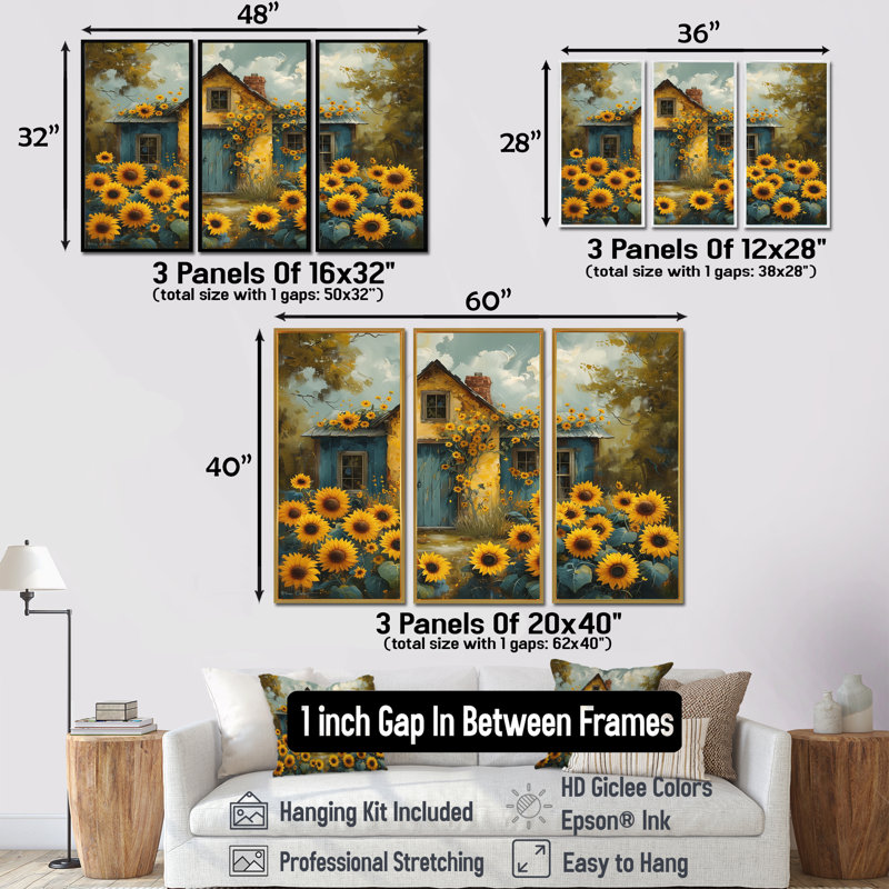 Jaune jaune brun champ de tournesols à la grange - ensemble de tournesols d'art mural, Toile avec cadre flottant noir