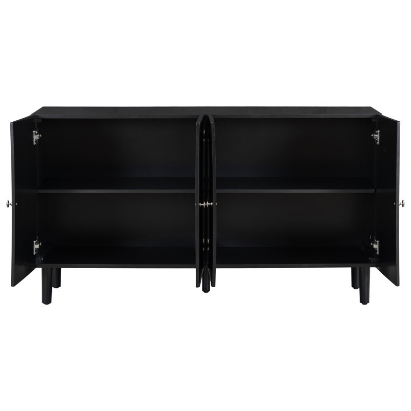 Buffet élégant à quatre portes, portes à motif ondulé, pieds cylindriques, poignées en métal, rangement réglable pour le salon, le vestibule, le bureau