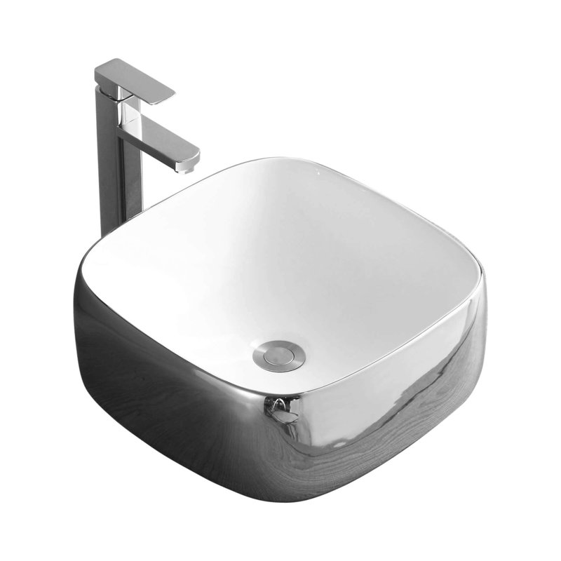 Modern Vitreous China Square Vessel Bathroom Sink, Chrome